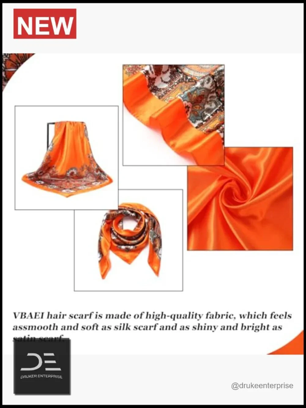 Large 35 Inch Square Satin Head Scarf for Women - Polyester Hair Wrap Bandana